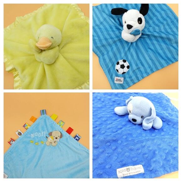 Lot 4 Lovey Duck Dog Taggies Carters Kids Preferred Blue Yellow Security Blanket - Picture 1 of 14